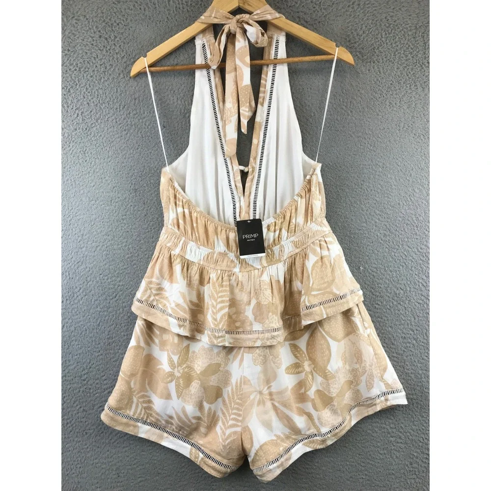 New PRIMP Sugarlips Tropical Leaf Print Halter Romper Tiered Ruffle Tie Waist M